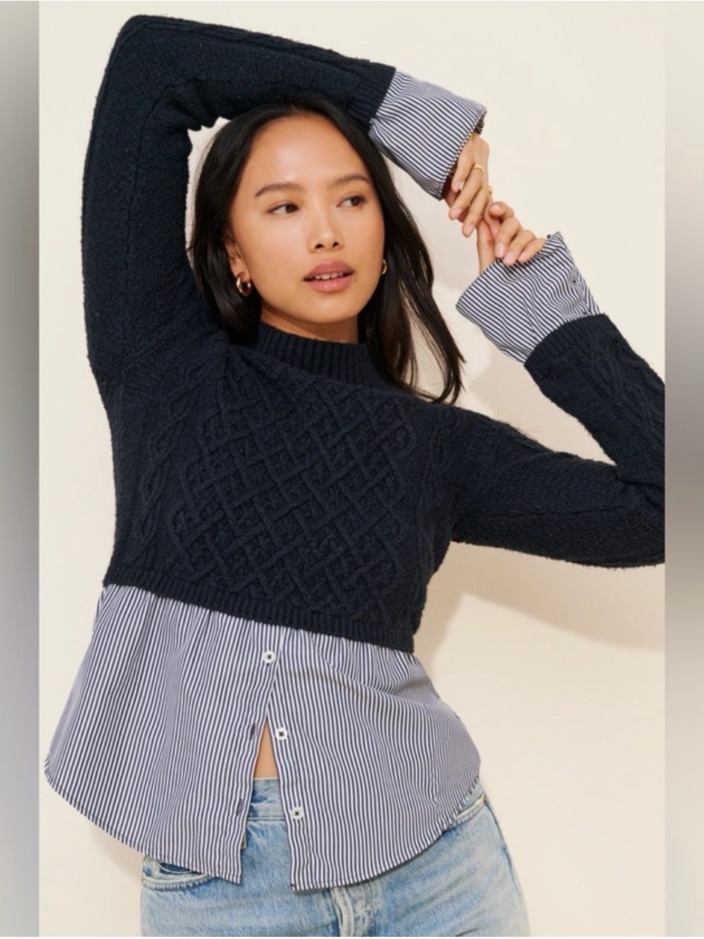 Maeve Navy Cable-Knit Pullover Sweater with Shirt Hem